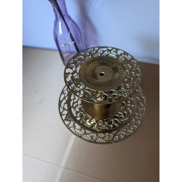 Vintage Brass Two Tiered Ornate Candle Holder Decor Tableware Candlestick - Picture 3 of 7